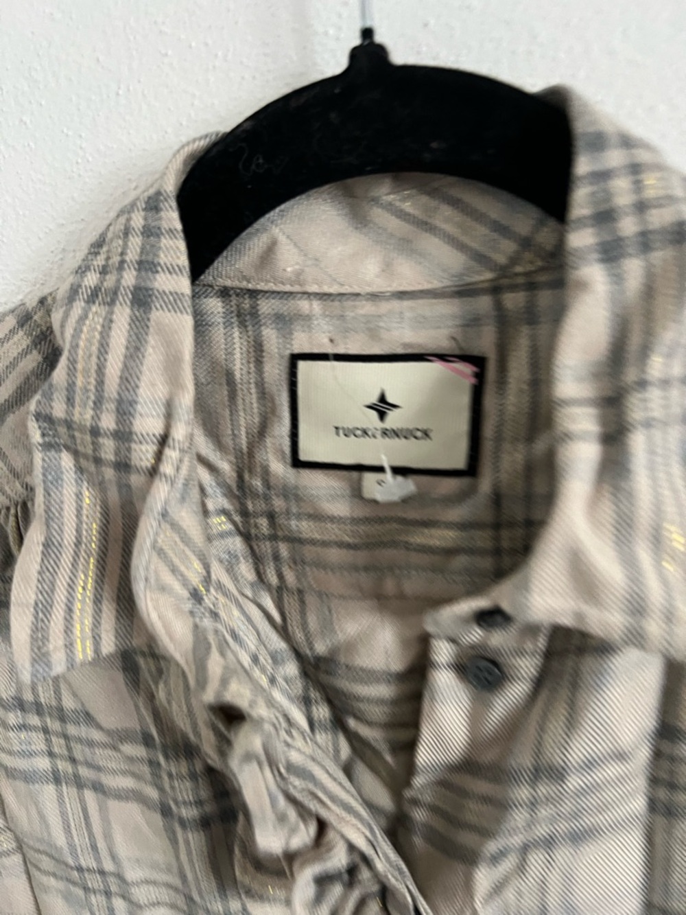 Tuckernuck Beige Plaid Ruffle Button-Down Shirt, size S and M - Picture 3 of 8